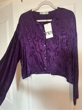 Zara Purple Satin Jacquard Cropped Button-Down Top